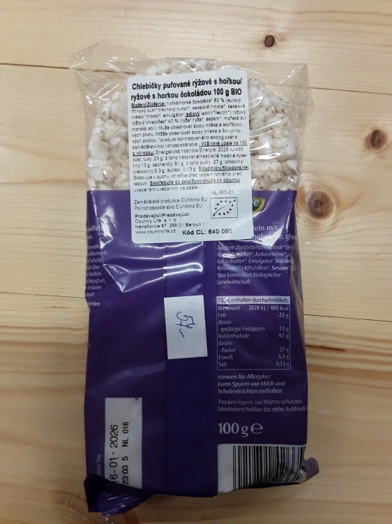 Chlebíčky pufované rýžové s hořkou čokoládou