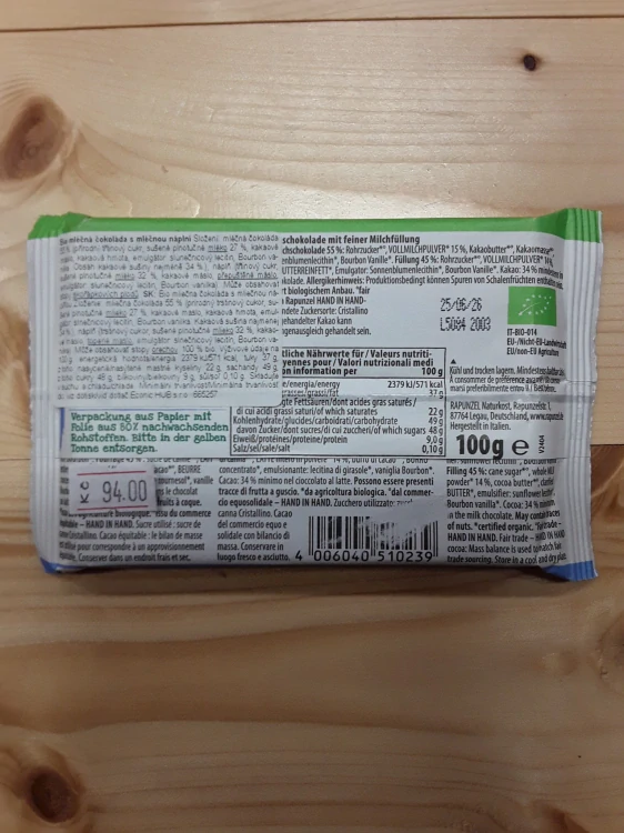 Bio mléčná čokoláda s mléčnou náplní