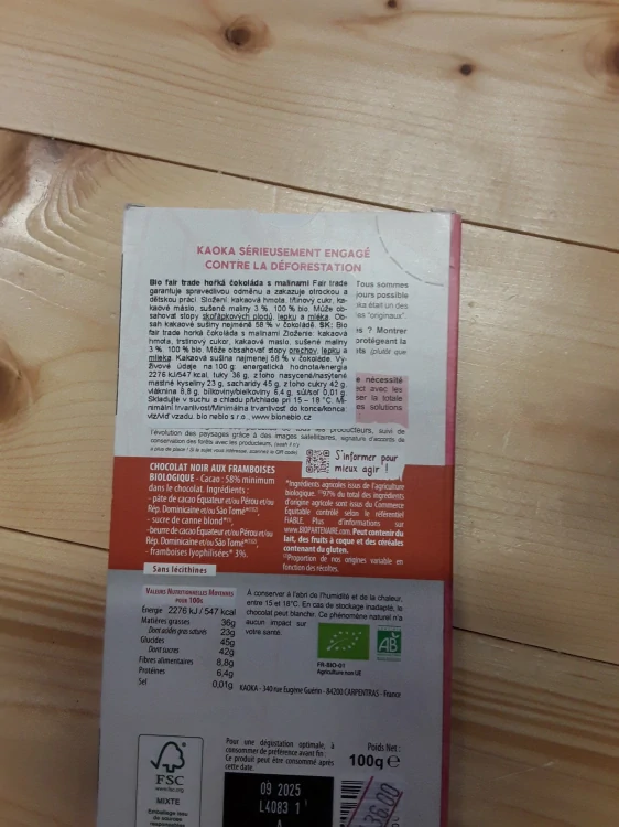 Bio fair trade hořká čokoláda s malinami