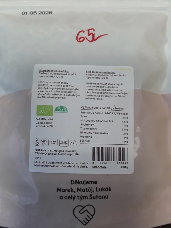 ŠUFAN slunečnicová semínka BIO loupaná