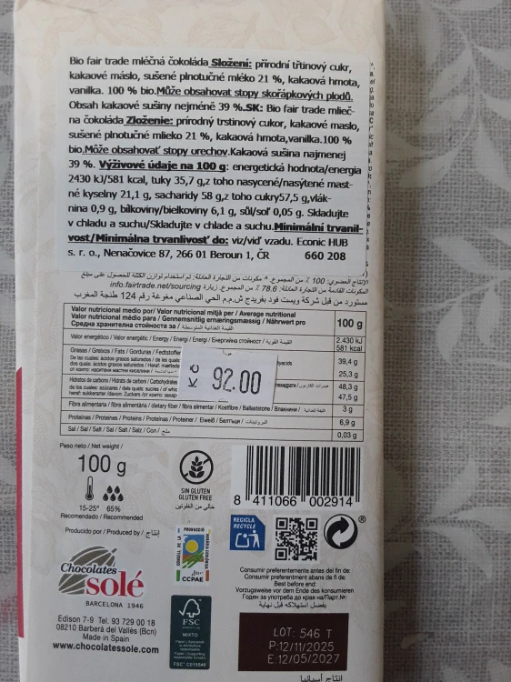 Bio Fair Trade mléčná čokoláda
