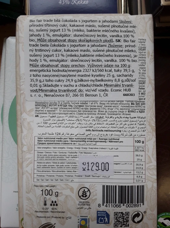 Bio fair trade bílá čokoláda s jogurtem a jahodami