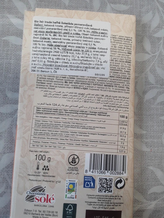 Bio Fair Trade hořká čokoláda pomeranč